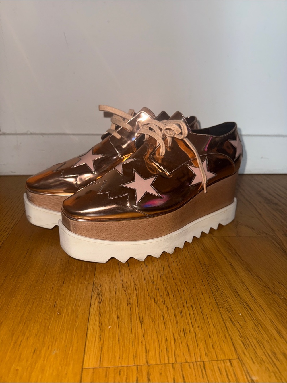 Stella McCartney Metallic Rose Gold Platform Lace-Up Sneakers with Pink Stars